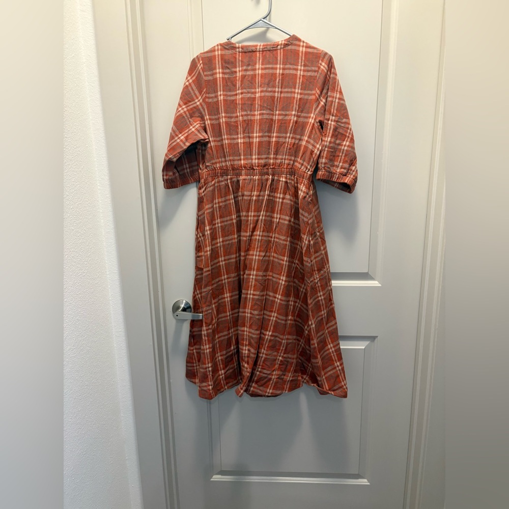 Pact Women's Fireside Flannel Crossover Dress Small Spice Plaid NWOT - Picture 3 of 6